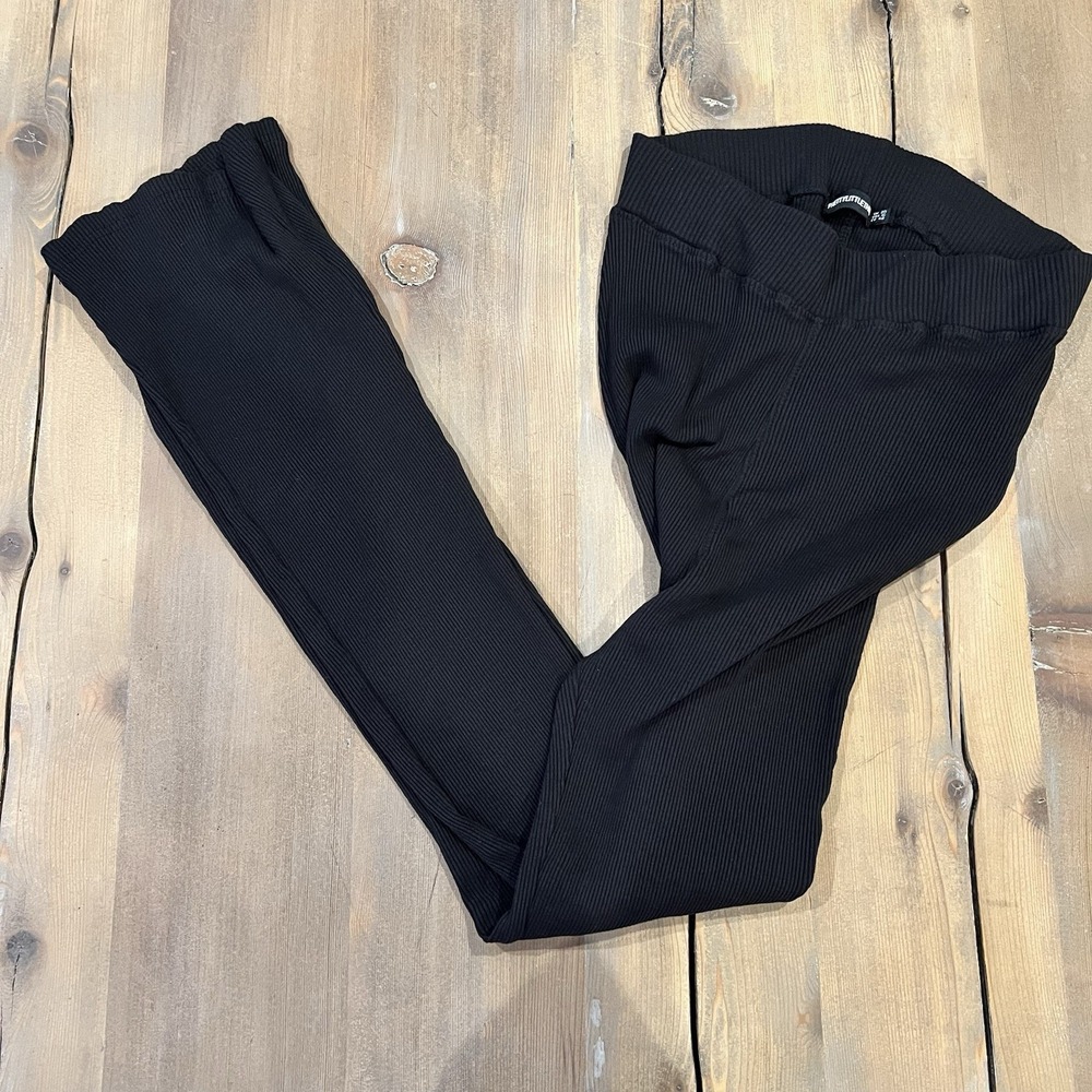 Pretty Little Thing Women's Black Ribbed Lounge Pants Stretchy High Waist Sz 16